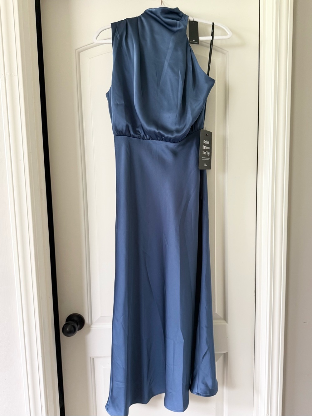 Lulus Distinctive Charm Slate Blue Satin Asymmetrical Midi Dress - Picture 4 of 8